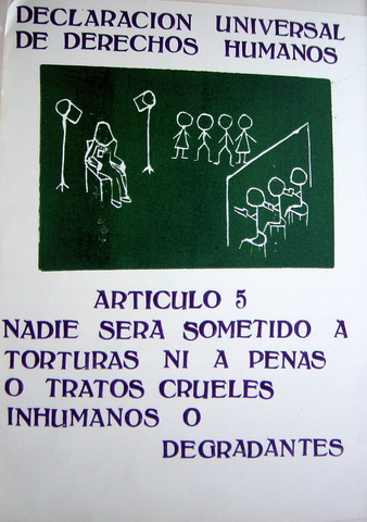 Ilustración de los artículos de la Unesco sobre los derechos humanos. Material: plancha de linoleum y plumillas de corte.