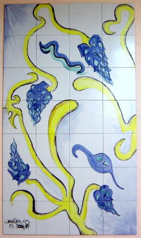 Mural con azulejos de 20x20 y colores al tercer fuego. Total número de azulejos 7x4=28