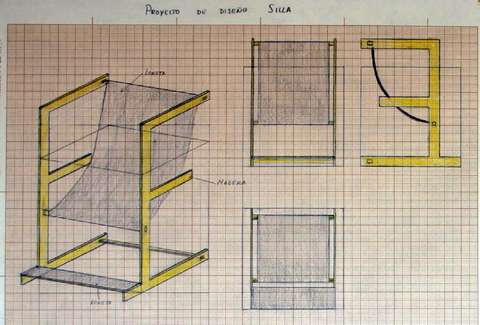 Diseño de silla. Planos de taller y perspectiva.