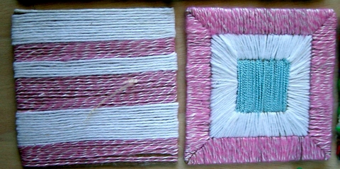 Obra textil: Materiales: hilos de lana de diferentes grosores y colores. Cartón para la base 